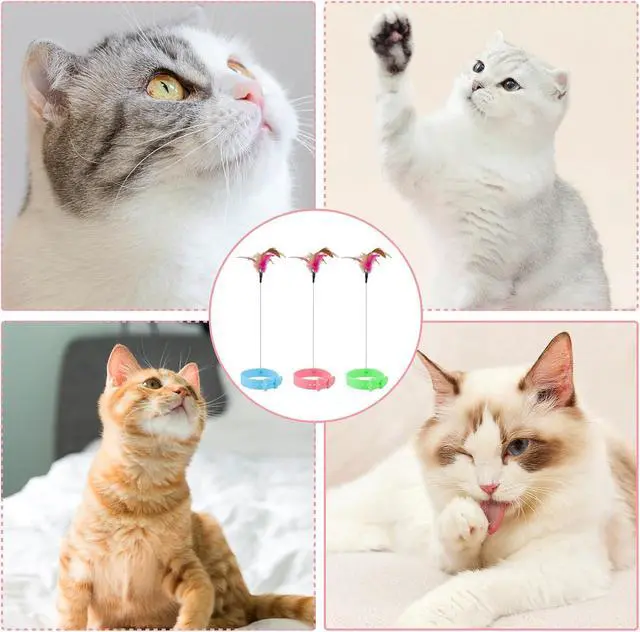 Alt view image 6 of 6 - Cat Collar Toy, 3 Pcs Cat Feather Toy with Neck Collar, Interactive Self Playing Toys with Bell for Indoor Kittens Small Animals(Pink/Blue/Green)