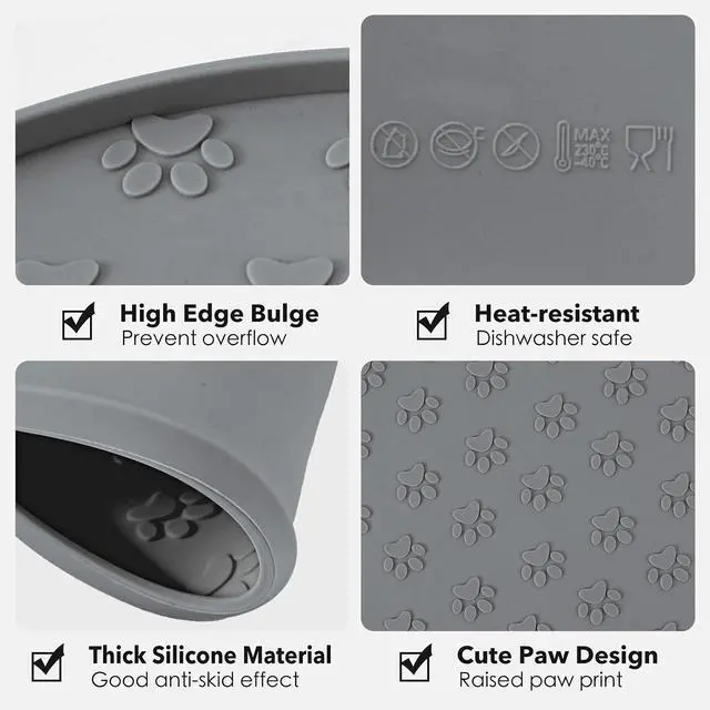 Alt view image 3 of 5 - Silicone Pet Food Mat - Waterproof Dog Food Bowl Mat Cat Feeding Mat Thicker Pet Placemat Eating Mat with High Lip to Prevent Spills, Dog & Cat Water Bowl Mat for Messy Drinkers to Protect FloorsGray