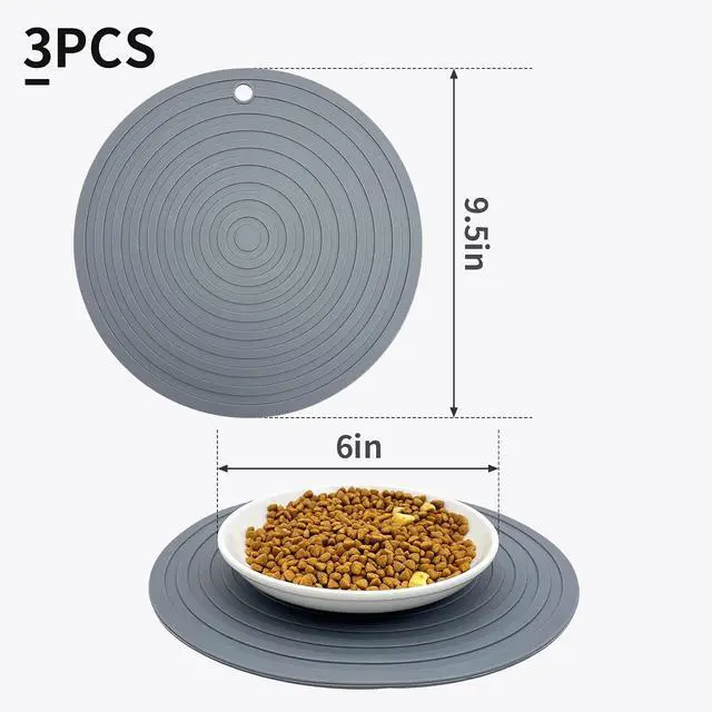 Alt view image 6 of 7 - 3PCS Silicone Pet Food Mat, 9.5" Round Waterproof Non-Slip Dog Cat Bowl Placemat Preventing Feed and Water Overflow Suitable for Medium Small Bowl Dish Plate for Small Animals Protect Floor