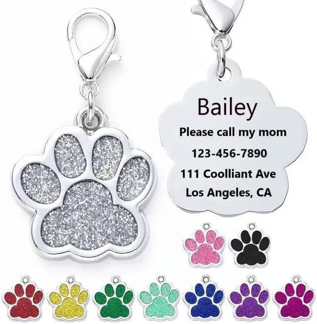 Alt view image 3 of 7 - Cute Personalized Pet Name Tags for Cats/Dogs - Glitter Custom pet id tag, Dog id Tags Engraved for Pets, Customizable cat tag, pet Collar Charms, Dog Name tag (Paw-Shaped-Small: Pink)
