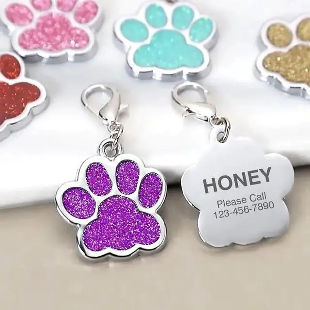 Alt view image 7 of 7 - Cute Personalized Pet Name Tags for Cats/Dogs - Glitter Custom pet id tag, Dog id Tags Engraved for Pets, Customizable cat tag, pet Collar Charms, Dog Name tag (Paw-Shaped-Small: Pink)