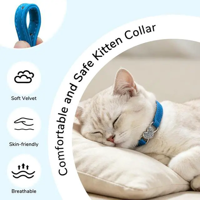 Alt view image 2 of 7 - Diamond Cat Collar with Bell, Adjustable Kitten Collar, Blue | Soft Cute Pet Collar with Crystal Heart Charm for Girl Boy Cats,Safe Bling Sparkly Stylish with Safety Elastic,8-10in,1 Pack
