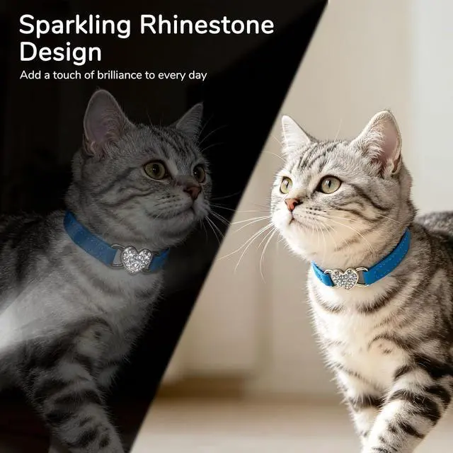 Alt view image 3 of 7 - Diamond Cat Collar with Bell, Adjustable Kitten Collar, Blue | Soft Cute Pet Collar with Crystal Heart Charm for Girl Boy Cats,Safe Bling Sparkly Stylish with Safety Elastic,8-10in,1 Pack