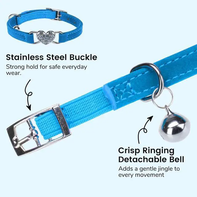 Alt view image 4 of 7 - Diamond Cat Collar with Bell, Adjustable Kitten Collar, Blue | Soft Cute Pet Collar with Crystal Heart Charm for Girl Boy Cats,Safe Bling Sparkly Stylish with Safety Elastic,8-10in,1 Pack