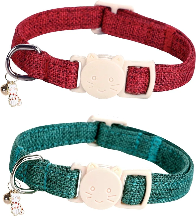 Main image of Red and Green Linnet Cat Collar(2-Pack) Breakaway | Safety Buckle, Kitten and Bell Pendant, Adjustable,Linen-look Material, for Cats and Small Pets