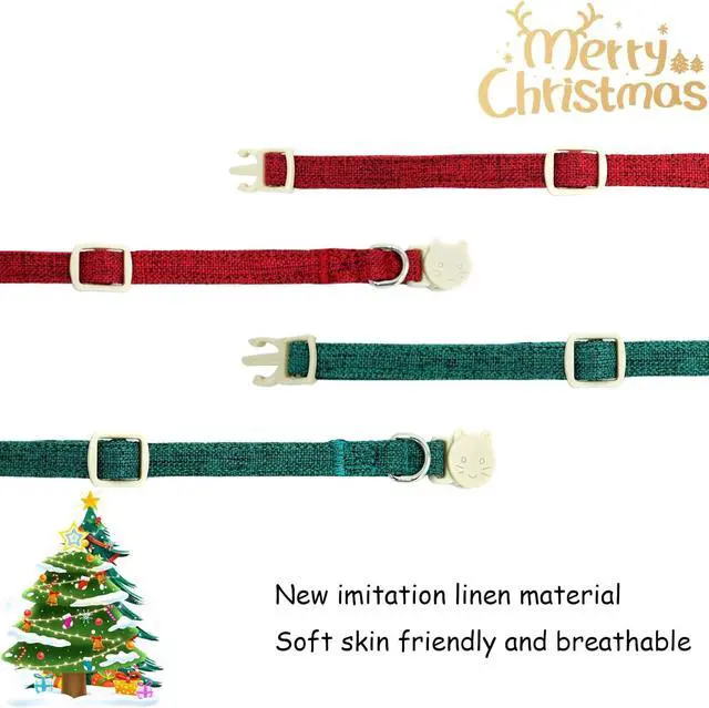 Alt view image 4 of 7 - Red and Green Linnet Cat Collar(2-Pack) Breakaway | Safety Buckle, Kitten and Bell Pendant, Adjustable,Linen-look Material, for Cats and Small Pets