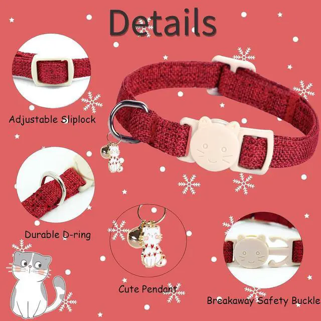 Alt view image 2 of 7 - Red and Green Linnet Cat Collar(2-Pack) Breakaway | Safety Buckle, Kitten and Bell Pendant, Adjustable,Linen-look Material, for Cats and Small Pets