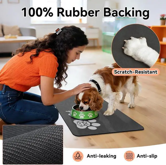 Alt view image 4 of 7 - Dog Food Mat Cat Feeding Mat for Food and Water Bowls,12"x20",Dark Grey | Non Slip Absorbent Quick Dry Pet Feeding Mats for Floors with Waterproof Rubber Backed Dog Placemat Mats for Messy Drinkers
