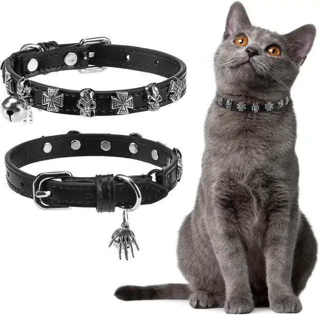 Main image of Leather Cat Collar for Girl Boy Cats,Black(Skull) | Adjustable Pet Collar with Safety Elastic Belt,Personalized Punk Accessories Buckle Collars with Bell for Small Dogs