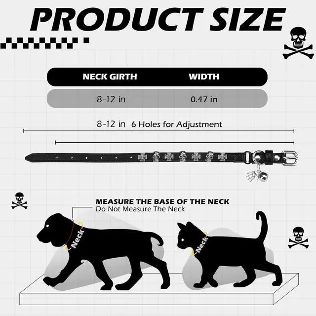 Alt view image 2 of 7 - Leather Cat Collar for Girl Boy Cats,Black(Skull) | Adjustable Pet Collar with Safety Elastic Belt,Personalized Punk Accessories Buckle Collars with Bell for Small Dogs
