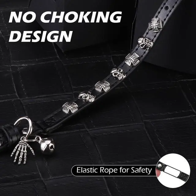 Alt view image 5 of 7 - Leather Cat Collar for Girl Boy Cats,Black(Skull) | Adjustable Pet Collar with Safety Elastic Belt,Personalized Punk Accessories Buckle Collars with Bell for Small Dogs