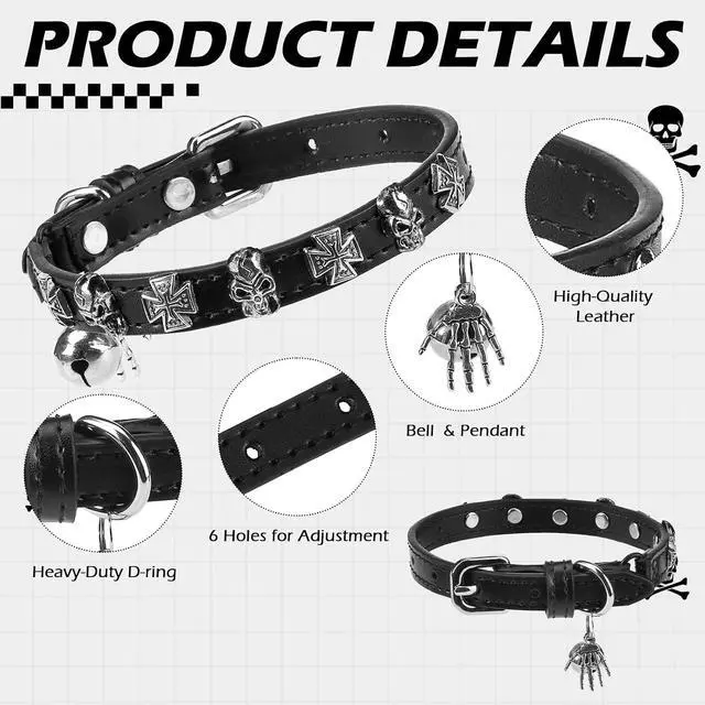 Alt view image 3 of 7 - Leather Cat Collar for Girl Boy Cats,Black(Skull) | Adjustable Pet Collar with Safety Elastic Belt,Personalized Punk Accessories Buckle Collars with Bell for Small Dogs