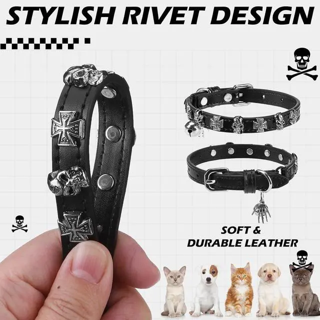 Alt view image 4 of 7 - Leather Cat Collar for Girl Boy Cats,Black(Skull) | Adjustable Pet Collar with Safety Elastic Belt,Personalized Punk Accessories Buckle Collars with Bell for Small Dogs