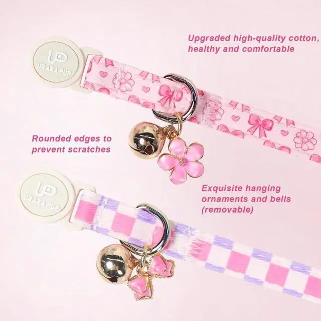 Alt view image 2 of 6 - Cat Collar, 2Pack Pink Floral and Purple Plaid Pattern Cats Collars-Cute Summer Breakaway Cat Collar with Bell & Pendant, Pretty Plaid Kitten Collars for Girl & Boy Cats, 7-12Inch