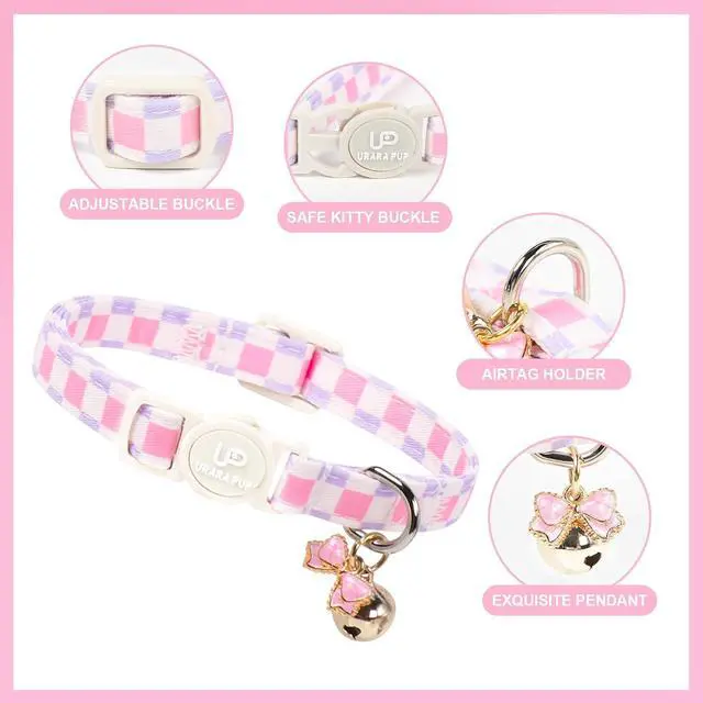 Alt view image 3 of 6 - Cat Collar, 2Pack Pink Floral and Purple Plaid Pattern Cats Collars-Cute Summer Breakaway Cat Collar with Bell & Pendant, Pretty Plaid Kitten Collars for Girl & Boy Cats, 7-12Inch