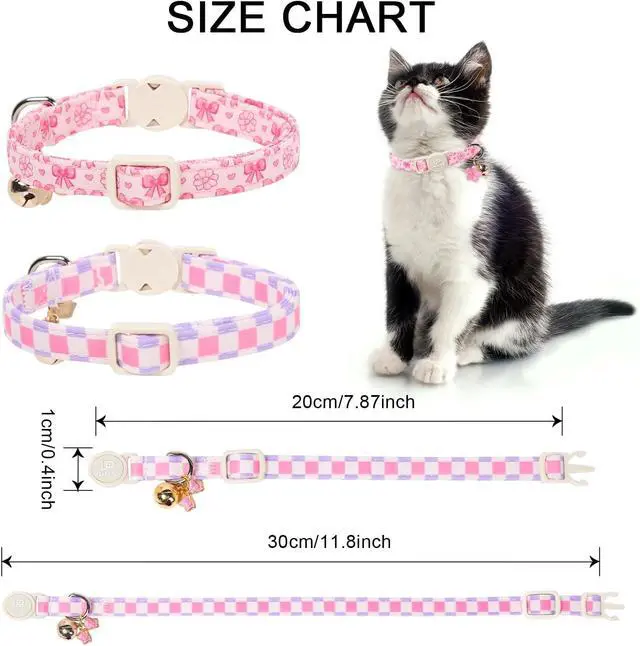 Alt view image 4 of 6 - Cat Collar, 2Pack Pink Floral and Purple Plaid Pattern Cats Collars-Cute Summer Breakaway Cat Collar with Bell & Pendant, Pretty Plaid Kitten Collars for Girl & Boy Cats, 7-12Inch