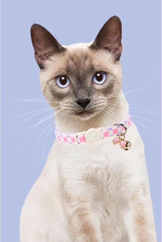 Alt view image 6 of 6 - Cat Collar, 2Pack Pink Floral and Purple Plaid Pattern Cats Collars-Cute Summer Breakaway Cat Collar with Bell & Pendant, Pretty Plaid Kitten Collars for Girl & Boy Cats, 7-12Inch