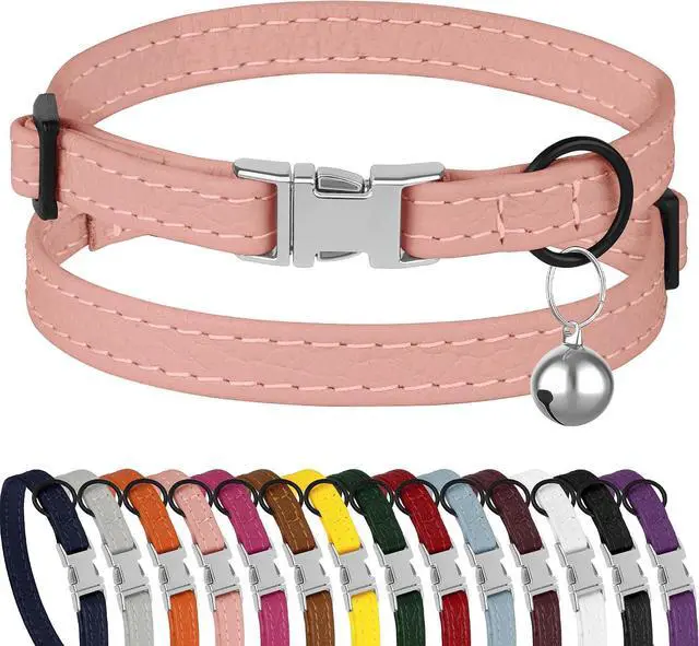 Main image of Leather Cat Collar with Buckle and Removable Bell - Non Breakaway Adjustable Soft Safety Small Pet Collars for Girl Boy Cats Kitten (Flamingo)