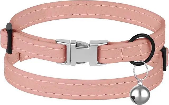 Alt view image 2 of 7 - Leather Cat Collar with Buckle and Removable Bell - Non Breakaway Adjustable Soft Safety Small Pet Collars for Girl Boy Cats Kitten (Flamingo)