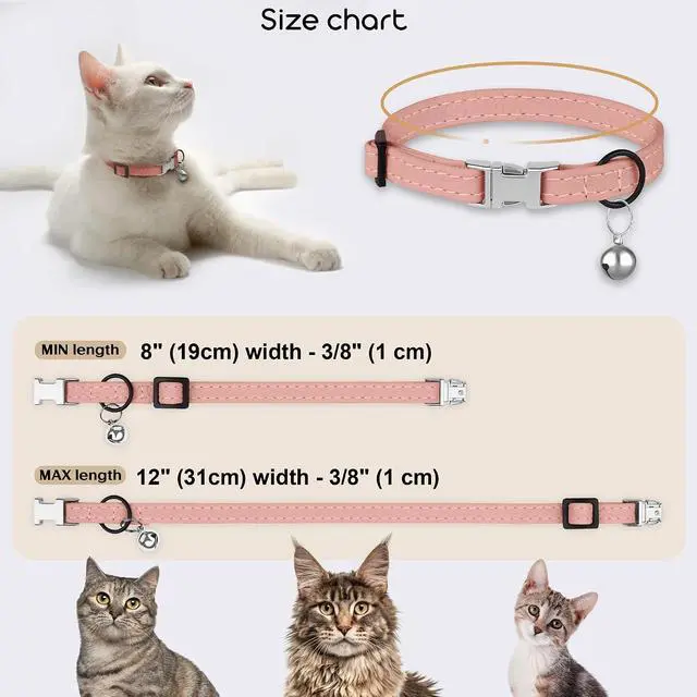 Alt view image 3 of 7 - Leather Cat Collar with Buckle and Removable Bell - Non Breakaway Adjustable Soft Safety Small Pet Collars for Girl Boy Cats Kitten (Flamingo)