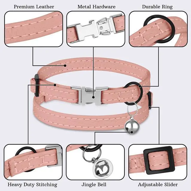 Alt view image 5 of 7 - Leather Cat Collar with Buckle and Removable Bell - Non Breakaway Adjustable Soft Safety Small Pet Collars for Girl Boy Cats Kitten (Flamingo)