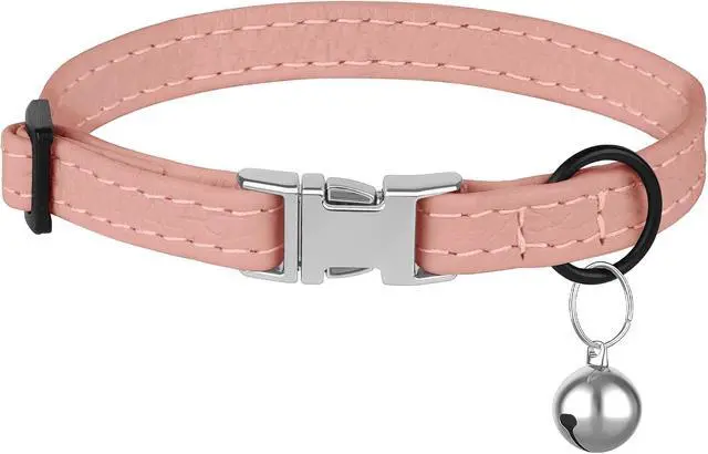 Alt view image 7 of 7 - Leather Cat Collar with Buckle and Removable Bell - Non Breakaway Adjustable Soft Safety Small Pet Collars for Girl Boy Cats Kitten (Flamingo)