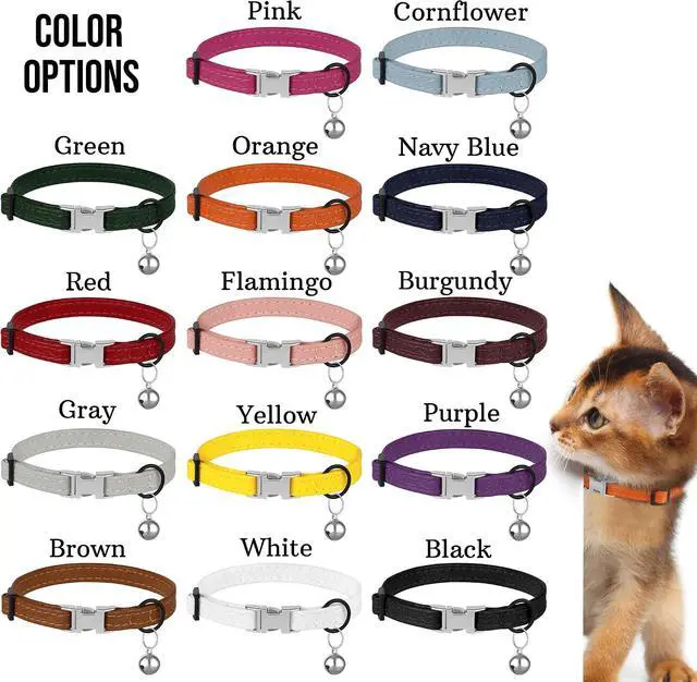 Alt view image 4 of 7 - Leather Cat Collar with Buckle and Removable Bell - Non Breakaway Adjustable Soft Safety Small Pet Collars for Girl Boy Cats Kitten (Flamingo)