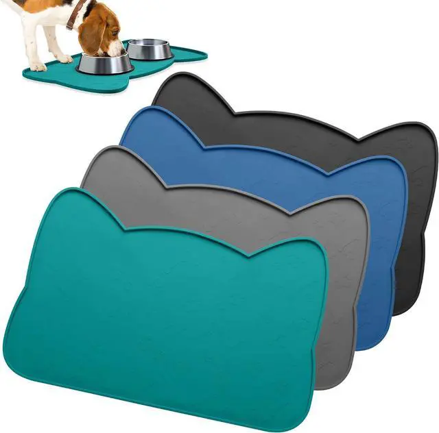 Main image of Cat Food Mat, Silicone Dog Bowl Mat for Food and Water, Waterproof Non Slip Pet Feeding Mat, Raised Edge Dog Food Tray to Stop Food Spills and Water Messes on Floor (Teal+M)