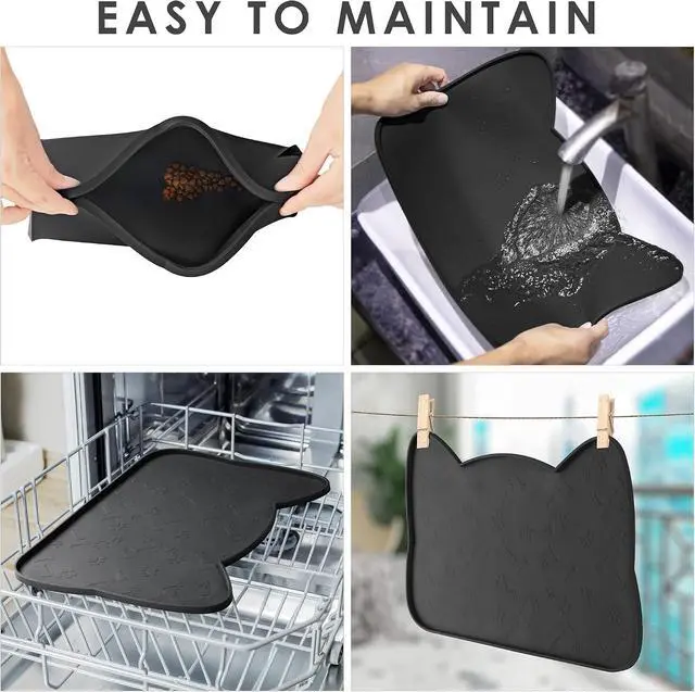 Alt view image 6 of 6 - Cat Food Mat, Silicone Dog Bowl Mat for Food and Water, Waterproof Non Slip Pet Feeding Mat, Raised Edge Dog Food Tray to Stop Food Spills and Water Messes on Floor (Teal+M)