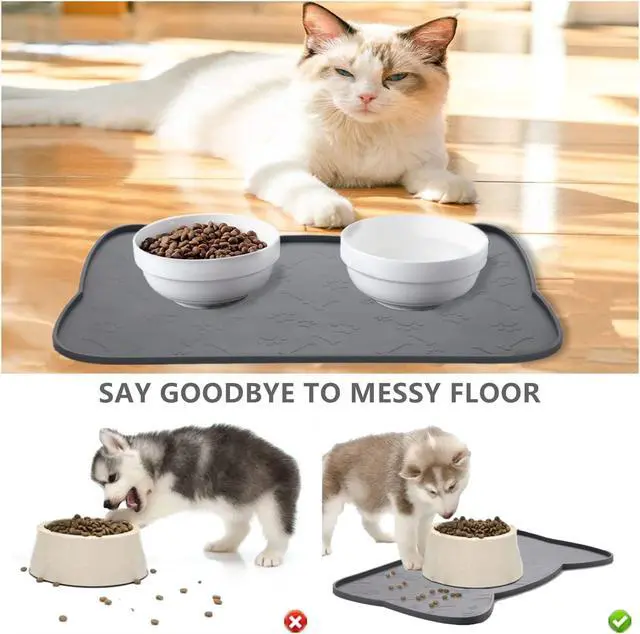 Alt view image 3 of 6 - Cat Food Mat, Silicone Dog Bowl Mat for Food and Water, Waterproof Non Slip Pet Feeding Mat, Raised Edge Dog Food Tray to Stop Food Spills and Water Messes on Floor (Teal+M)