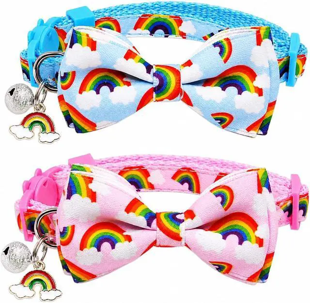 Main image of Rainbow Cat Collar 2 Pack with Removable Bow Tie, Breakaway Kitten Collars with Bell & Charm, Adjustable 7.8-12.8 in, Soft Summer Cat Bow Tie Collar