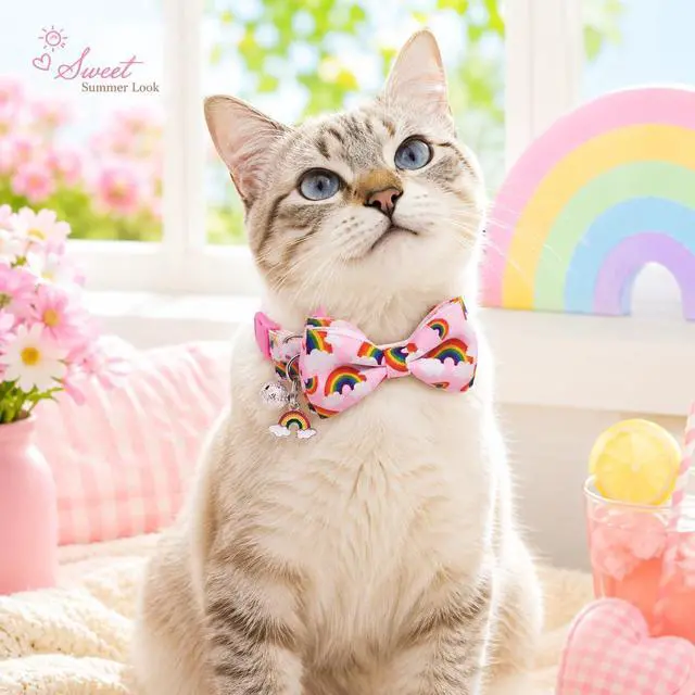 Alt view image 2 of 7 - Rainbow Cat Collar 2 Pack with Removable Bow Tie, Breakaway Kitten Collars with Bell & Charm, Adjustable 7.8-12.8 in, Soft Summer Cat Bow Tie Collar