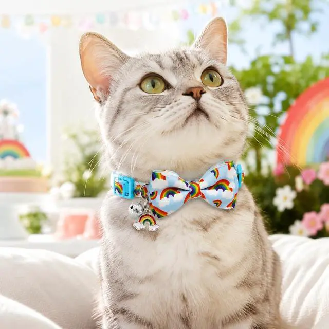 Alt view image 3 of 7 - Rainbow Cat Collar 2 Pack with Removable Bow Tie, Breakaway Kitten Collars with Bell & Charm, Adjustable 7.8-12.8 in, Soft Summer Cat Bow Tie Collar