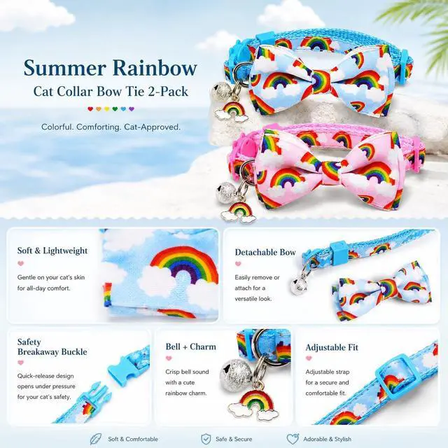 Alt view image 5 of 7 - Rainbow Cat Collar 2 Pack with Removable Bow Tie, Breakaway Kitten Collars with Bell & Charm, Adjustable 7.8-12.8 in, Soft Summer Cat Bow Tie Collar