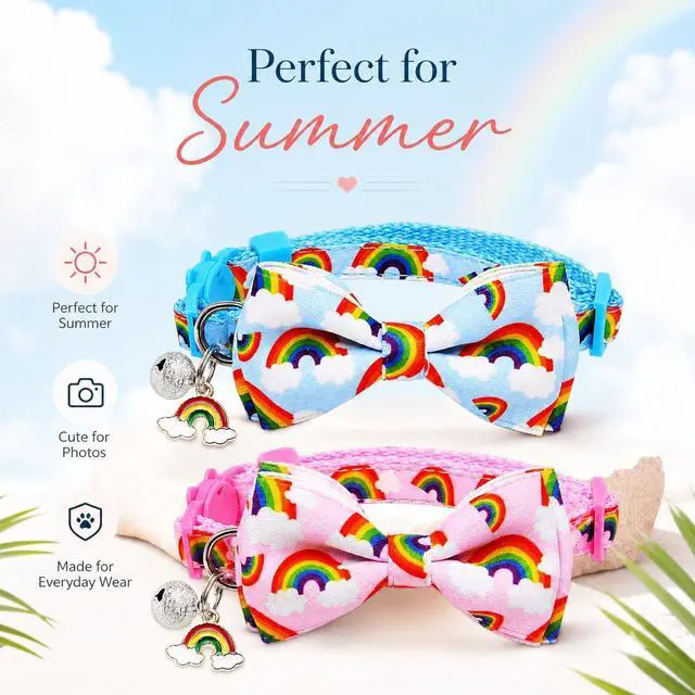 Alt view image 6 of 7 - Rainbow Cat Collar 2 Pack with Removable Bow Tie, Breakaway Kitten Collars with Bell & Charm, Adjustable 7.8-12.8 in, Soft Summer Cat Bow Tie Collar