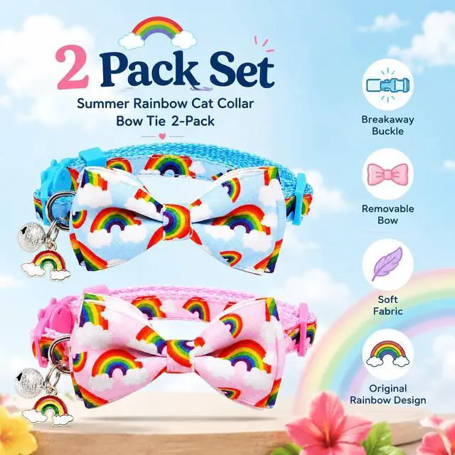 Alt view image 4 of 7 - Rainbow Cat Collar 2 Pack with Removable Bow Tie, Breakaway Kitten Collars with Bell & Charm, Adjustable 7.8-12.8 in, Soft Summer Cat Bow Tie Collar