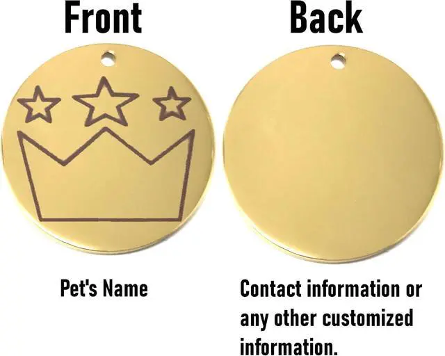 Alt view image 2 of 7 - Laser Engraved Stainless Steel Pet Name Tags Personalized on Both Sides for Pet Collar - Dog ID Tag, Dog Name Tag, Cat ID Tag, Cat Name Tag (Gold - Crown, Large)
