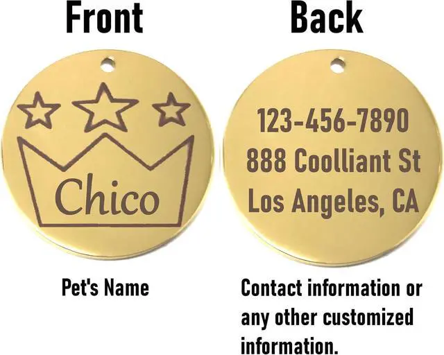 Alt view image 4 of 7 - Laser Engraved Stainless Steel Pet Name Tags Personalized on Both Sides for Pet Collar - Dog ID Tag, Dog Name Tag, Cat ID Tag, Cat Name Tag (Gold - Crown, Large)