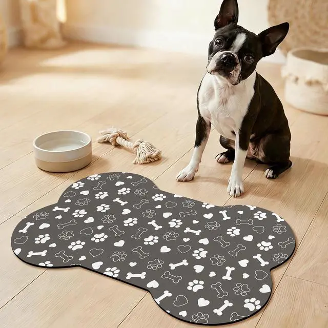 Alt view image 7 of 7 - Bone Shaped Dog Food Mat, Absorbent Waterproof Non-Slip Pet Cat Bowl Mat for Food & Water Pet Supplies Gray 19"*12"