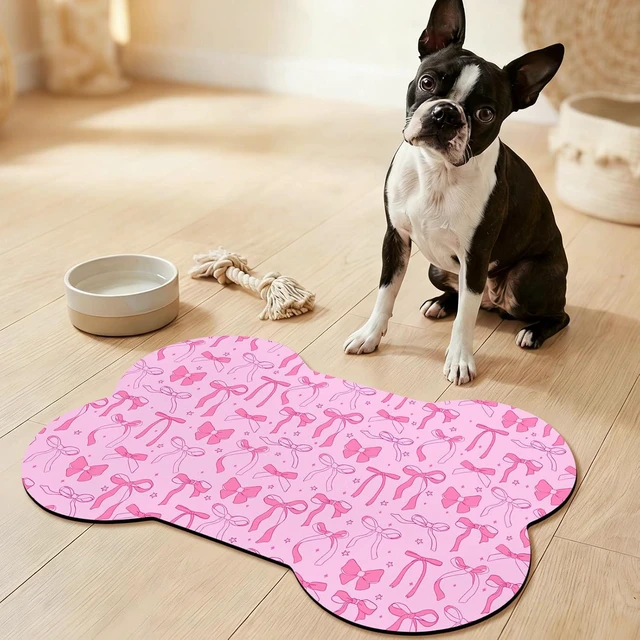 Alt view image 7 of 7 - Bone Shaped Dog Food Mat, Absorbent Waterproof Non-Slip Pet Cat Bowl Mat for Food & Water Pet Supplies Bow 19"*12"