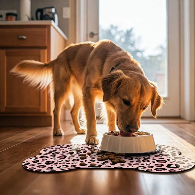 Alt view image 6 of 7 - Bone Shaped Dog Food Mat, Absorbent Waterproof Non-Slip Pet Cat Bowl Mat for Food & Water Pet Supplies Leopard 19"*12"