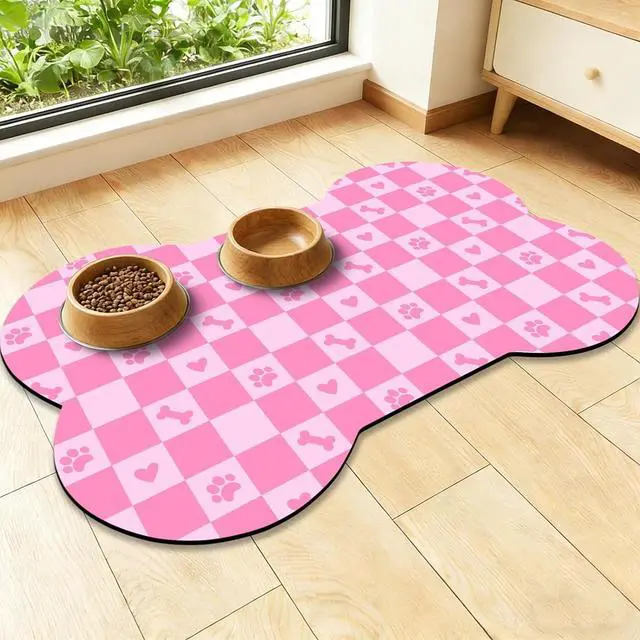 Main image of Bone Shaped Dog Food Mat, Absorbent Waterproof Non-Slip Pet Cat Bowl Mat for Food & Water Pet Supplies Checkered 19"*12"