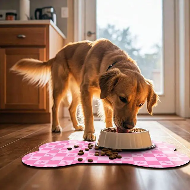 Alt view image 6 of 7 - Bone Shaped Dog Food Mat, Absorbent Waterproof Non-Slip Pet Cat Bowl Mat for Food & Water Pet Supplies Checkered 19"*12"