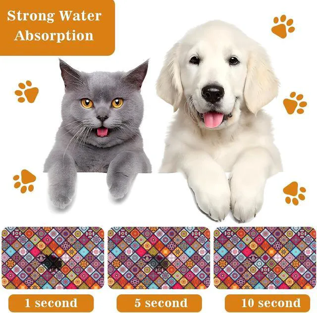 Alt view image 2 of 7 - Dog Food Mats for Floors Boho Mat for Cat Food and Water Bowls | Boho Waterproof Absorbent Quick Dry Non Slip Food Mat for Pet Feeding