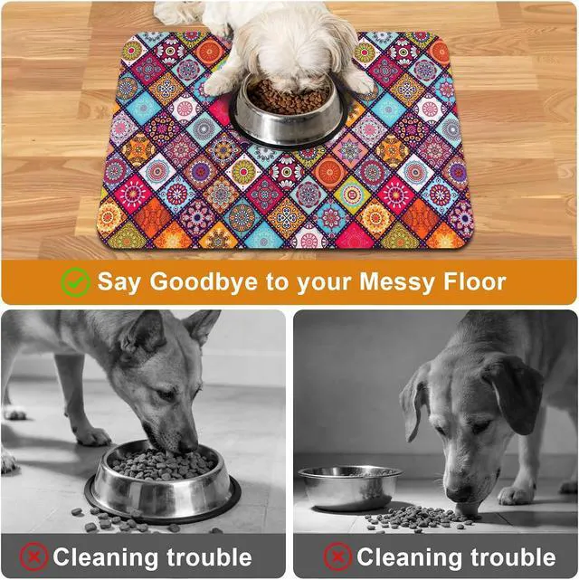 Alt view image 3 of 7 - Dog Food Mats for Floors Boho Mat for Cat Food and Water Bowls | Boho Waterproof Absorbent Quick Dry Non Slip Food Mat for Pet Feeding
