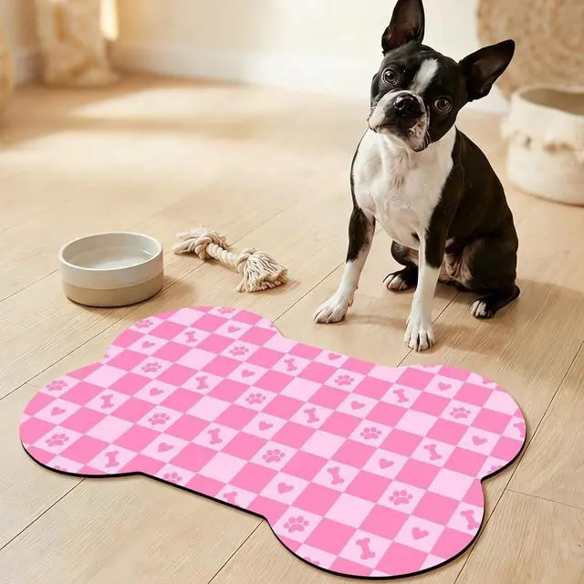 Alt view image 7 of 7 - Bone Shaped Dog Food Mat, Absorbent Waterproof Non-Slip Pet Cat Bowl Mat for Food & Water Pet Supplies Checkered 19"*12"
