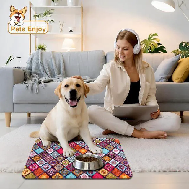 Alt view image 7 of 7 - Dog Food Mats for Floors Boho Mat for Cat Food and Water Bowls | Boho Waterproof Absorbent Quick Dry Non Slip Food Mat for Pet Feeding