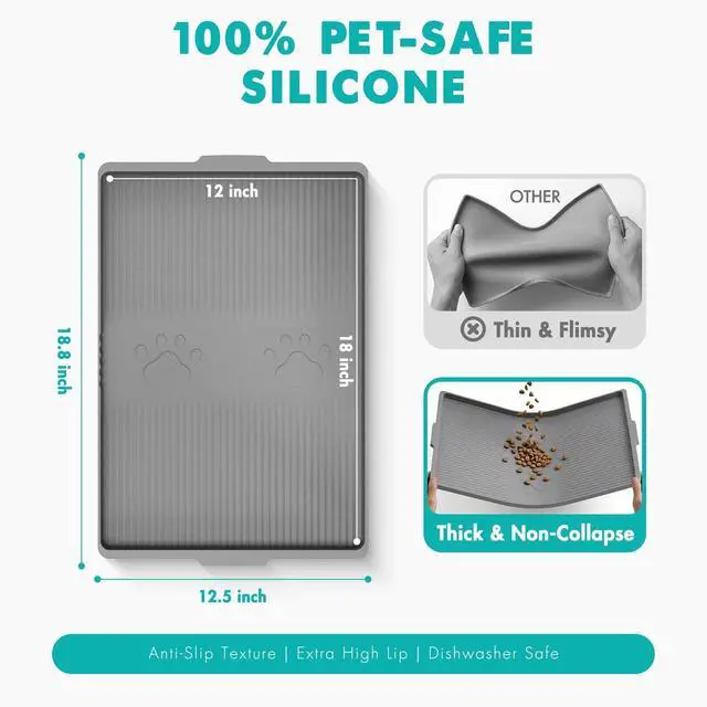 Alt view image 2 of 7 - Food Grade Silicone Dog Bowl Mat, Reinforced Sides Waterproof Anti-Slip Dog Food Mat for Messy Drinkers, Pet Placemat with Cute Paw Pattern to Protect Floors