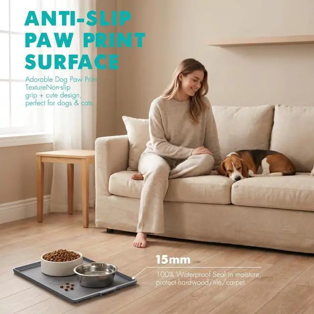 Alt view image 3 of 7 - Food Grade Silicone Dog Bowl Mat, Reinforced Sides Waterproof Anti-Slip Dog Food Mat for Messy Drinkers, Pet Placemat with Cute Paw Pattern to Protect Floors