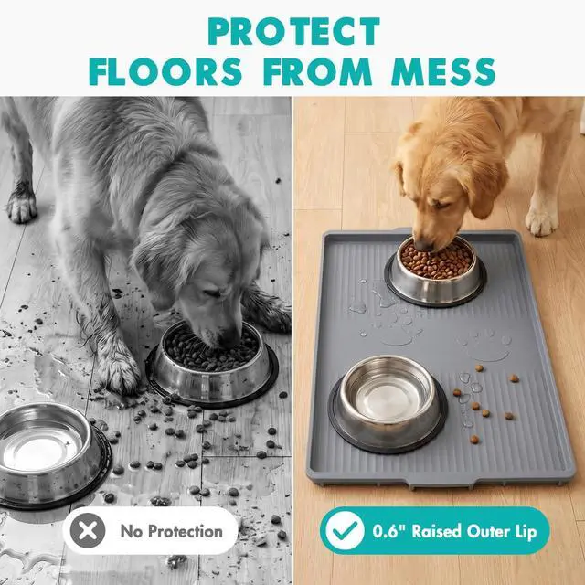 Alt view image 7 of 7 - Food Grade Silicone Dog Bowl Mat, Reinforced Sides Waterproof Anti-Slip Dog Food Mat for Messy Drinkers, Pet Placemat with Cute Paw Pattern to Protect Floors